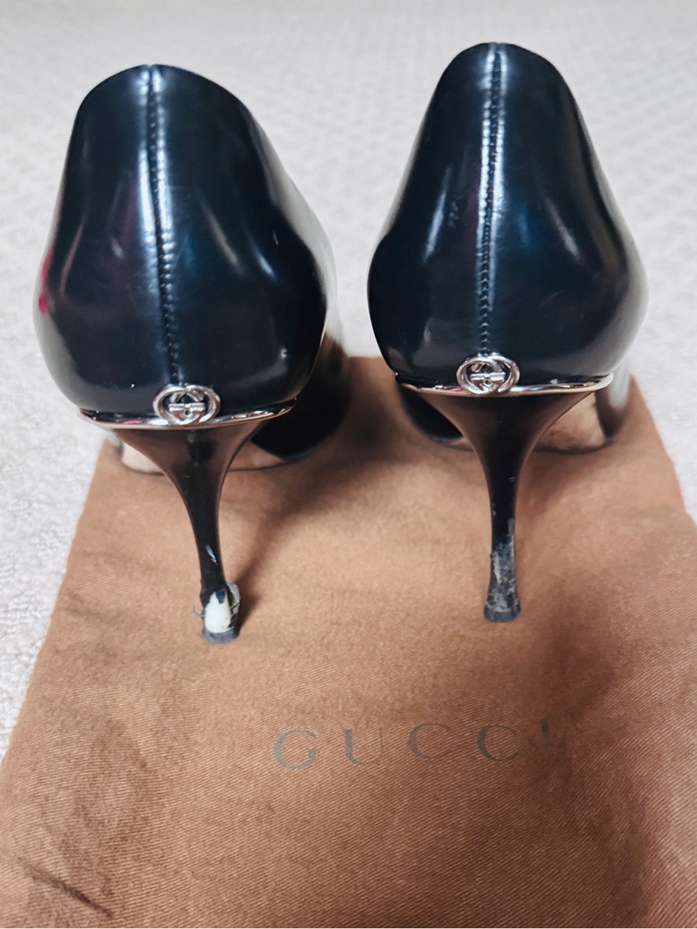 Gucci Black Patent Peep-Toe Stiletto Heels